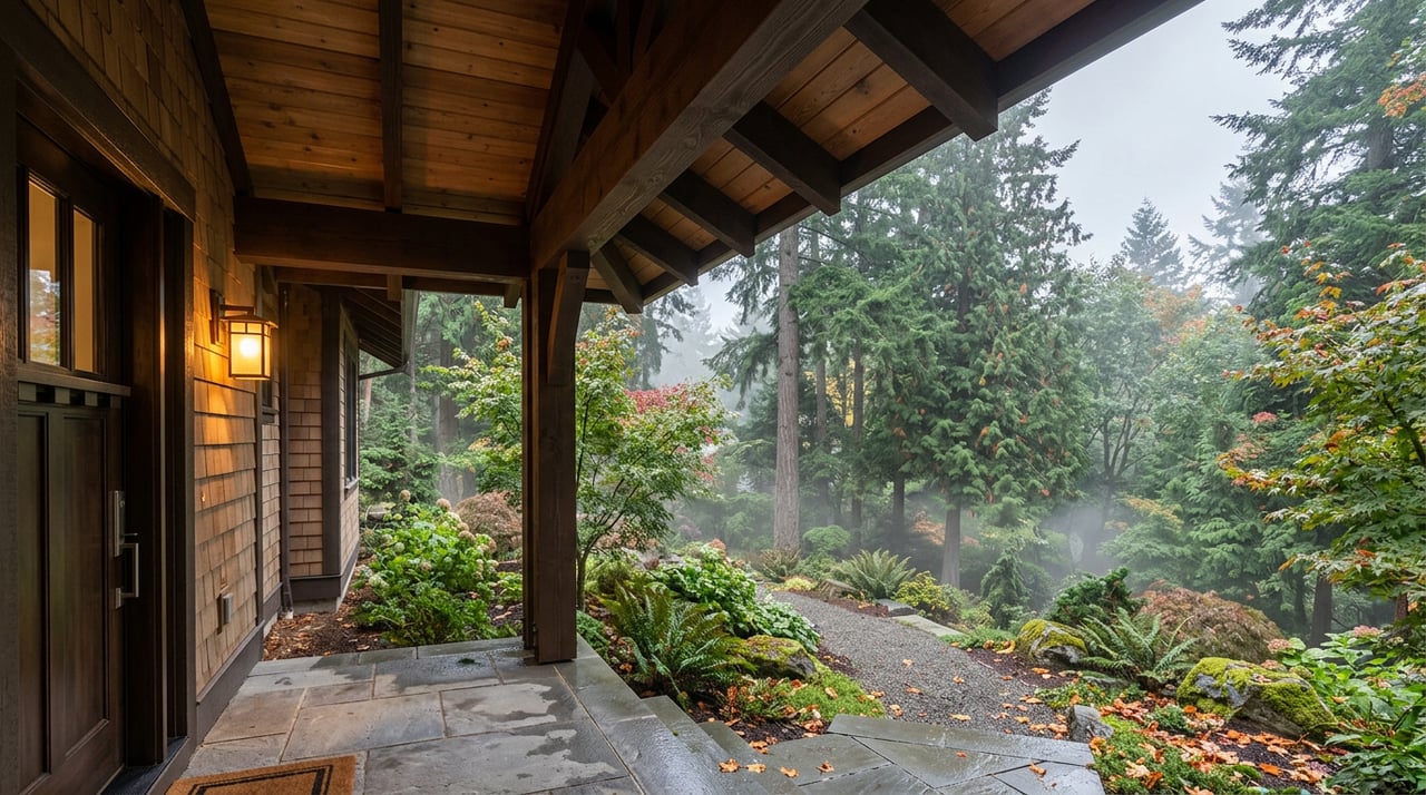 Fir-and-glass entry beneath a cedar overhang, with stone steps and a wooded garden slope.