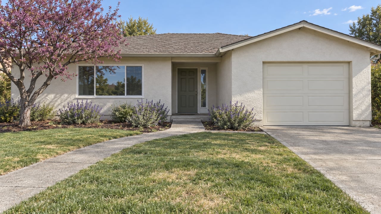 Single-story stucco home with a recessed entry, attached garage and deep front lawn in clear late-morning light.