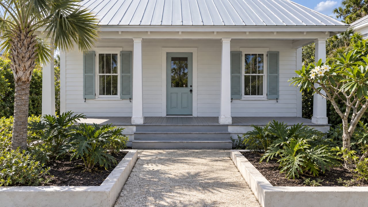 White clapboard home with a pale teal front door, silver metal roof, shallow raised porch, and a shell-colored garden path framed by tropical specimen plants.
