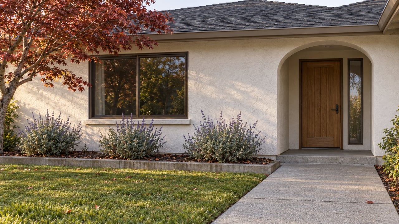 Warm-white single-story home with a sheltered oak entry, dark-framed window, mature red maple and concrete garden approach.