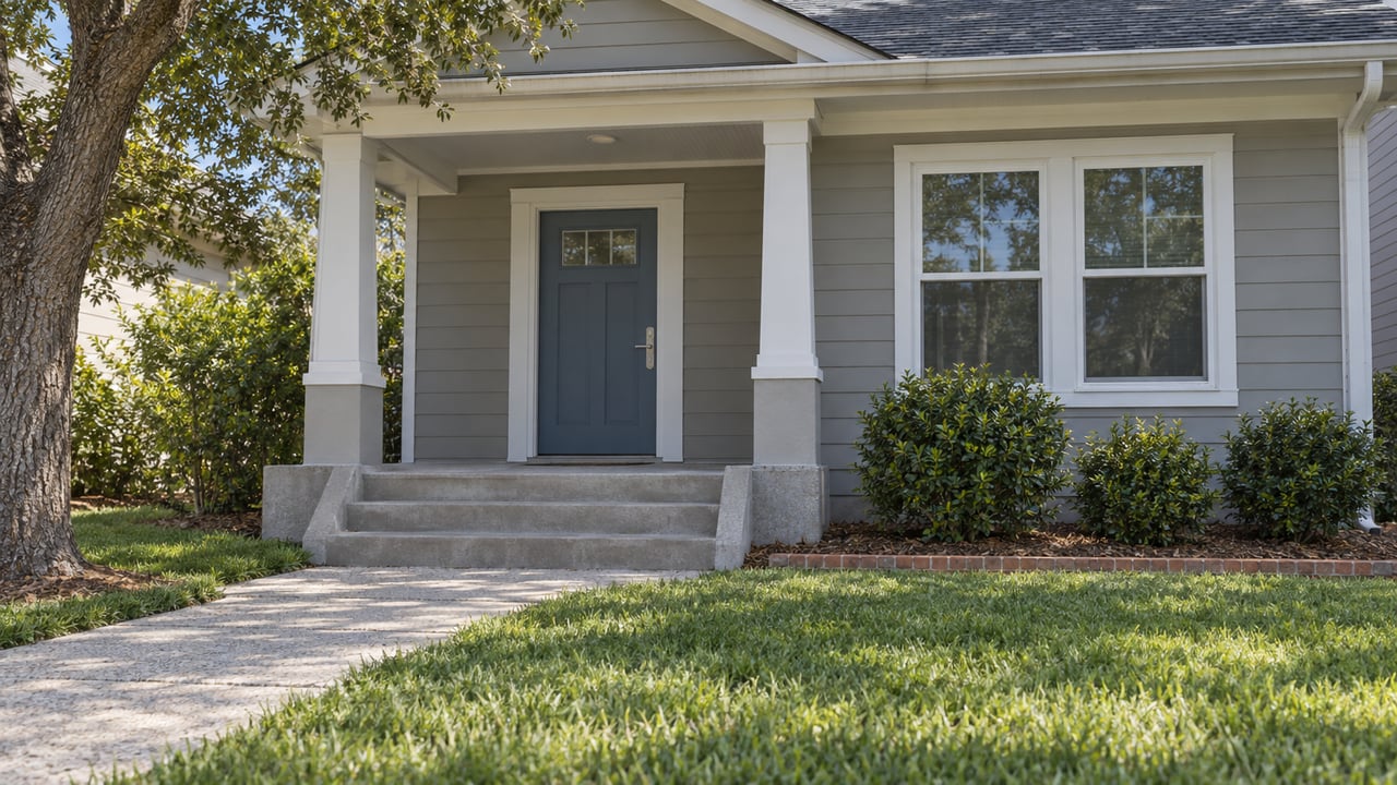 Gray-sided single-story home with a blue front door, concrete porch steps, a deep lawn and a live oak at the edge of the frame.