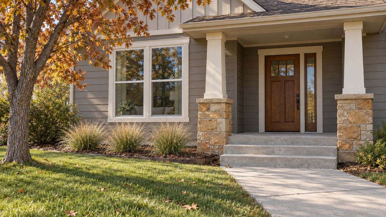 Autumn sunlight on a gray-sided home with a sandstone-accented porch, an oak tree, and a broad front lawn.