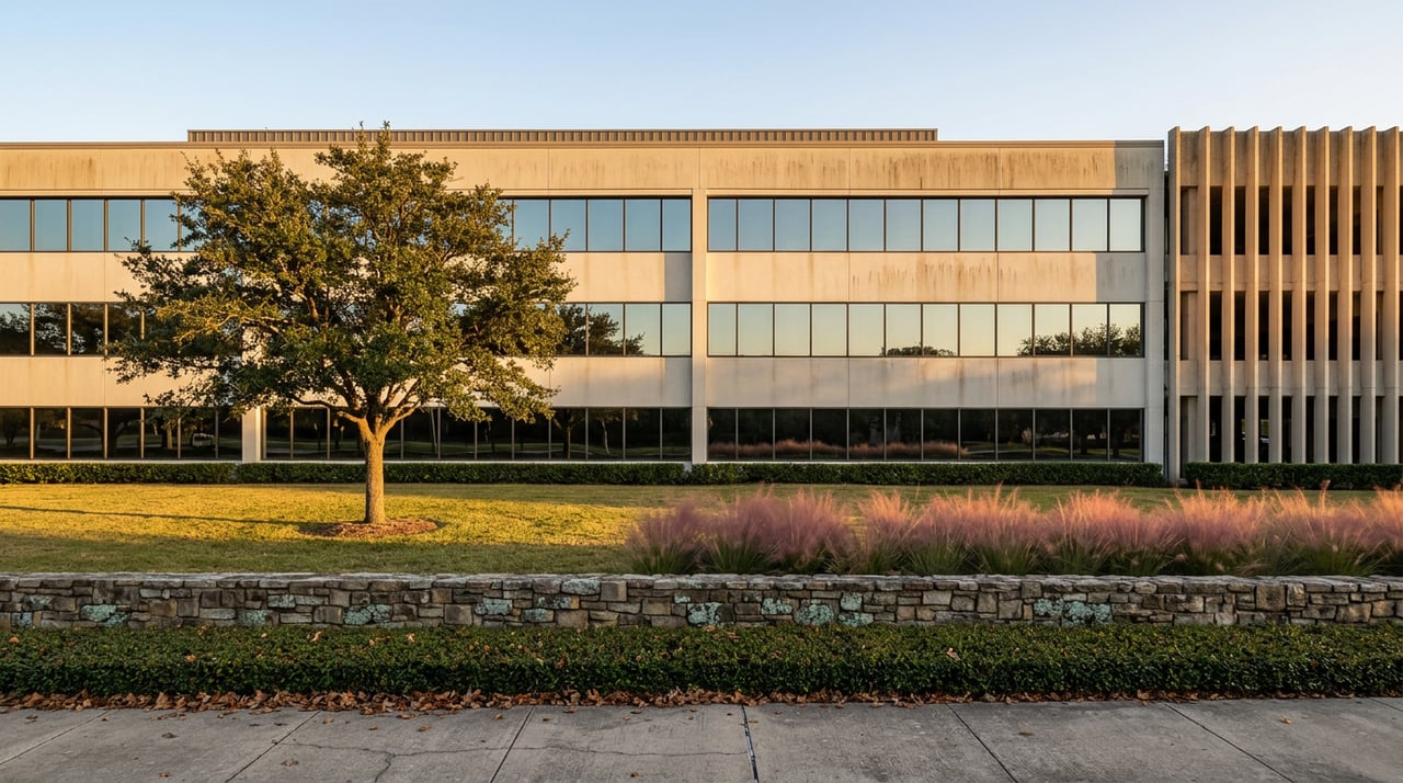 Mid-rise office building with reflective glass, concrete panels, and an attached fin-fronted parking structure behind a landscaped lawn.
