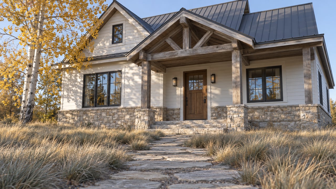 Detached clapboard house with a covered porch, flagstone walk, foreground grasses, and a golden-leaved aspen.