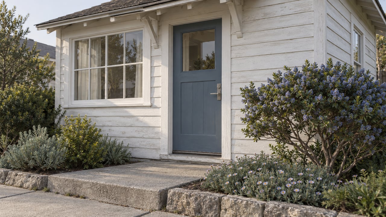 Chalk-white cottage with a slate-blue entry door, divided window, and flowering shrubs beside worn concrete steps.