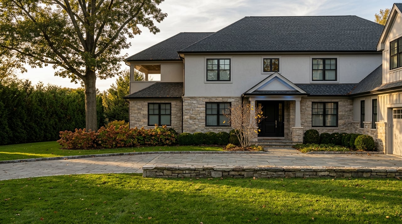 Stone-and-stucco estate home with gabled portico, bluestone drive, broad oak, and long shadows across lawn.