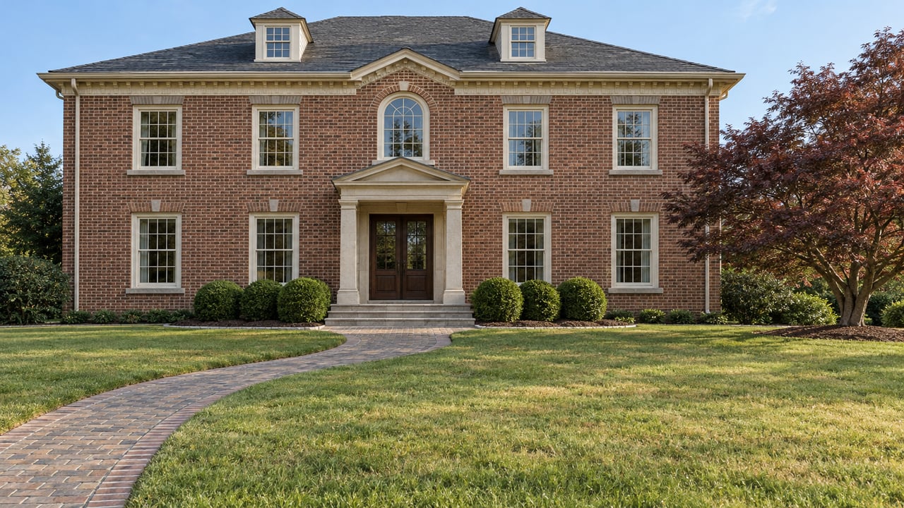 A traditional brick home beyond a deep lawn, with a limestone entry portico, curved brick approach, and burgundy Japanese maple.