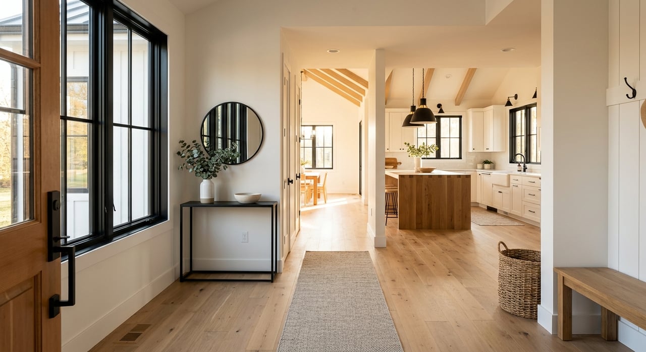 Foyer with white-oak floors, black iron stair balusters, and a kitchen island beyond.