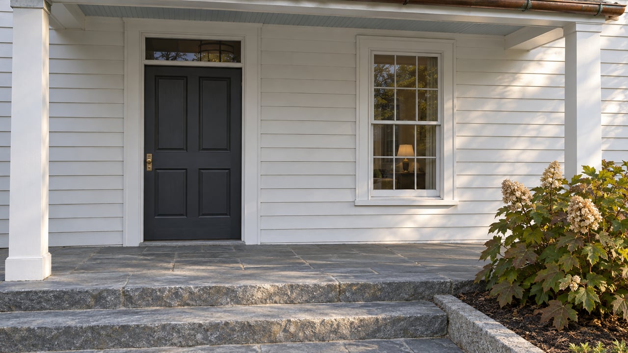 White clapboard entry with a charcoal door, brass latch, bluestone steps and an oakleaf hydrangea in afternoon light.