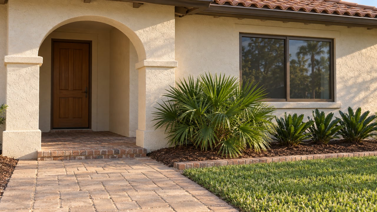 Sunlit cream stucco entry with a clay-tile roof, recessed wood door, brick porch and sculptural fan-leaf planting.