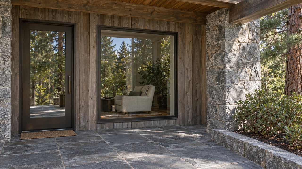Sheltered timber and granite home entry with bronze-framed glass, weathered slate paving and a sculptural evergreen planting.