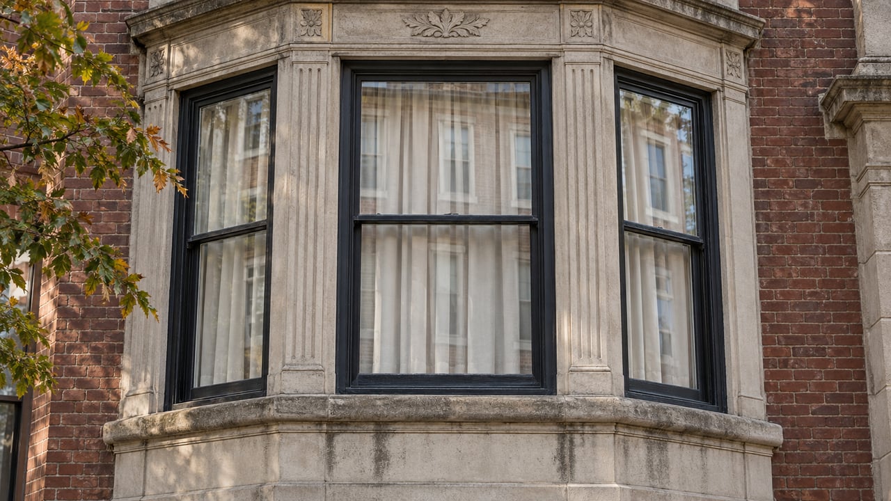 Three black-framed bay windows set into weathered limestone and russet brick, with a bronze-edged oak branch at the side.