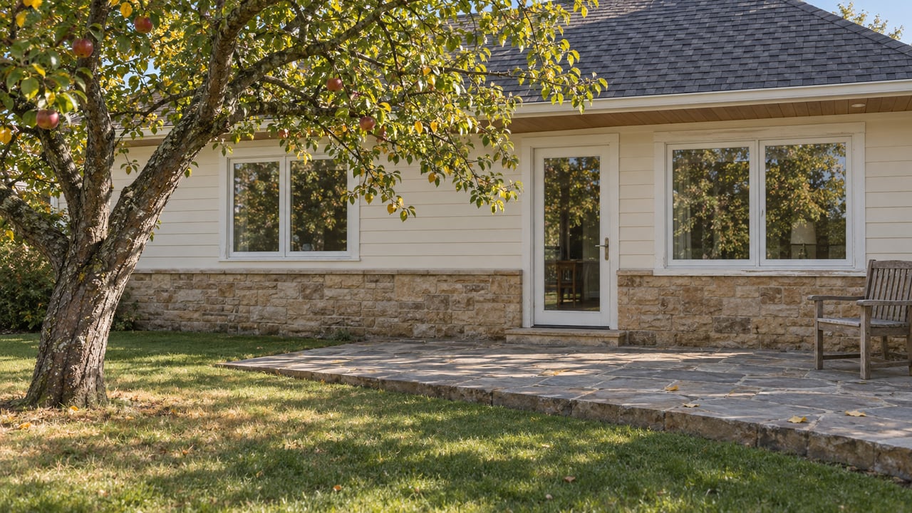 White house with a stone patio beneath an apple tree bearing red fruit.
