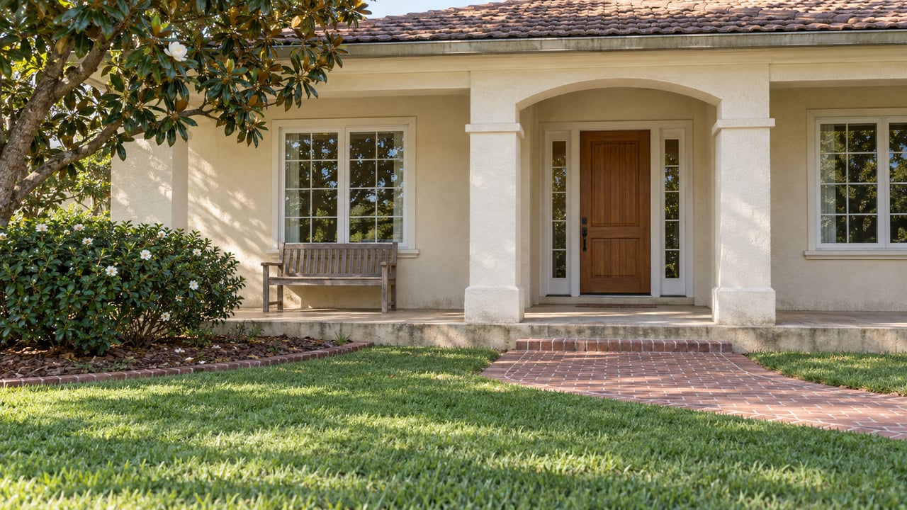 Sunlit stucco home's covered entry porch, clay-brick approach, green lawn and a flowering camellia beside a mature magnolia.