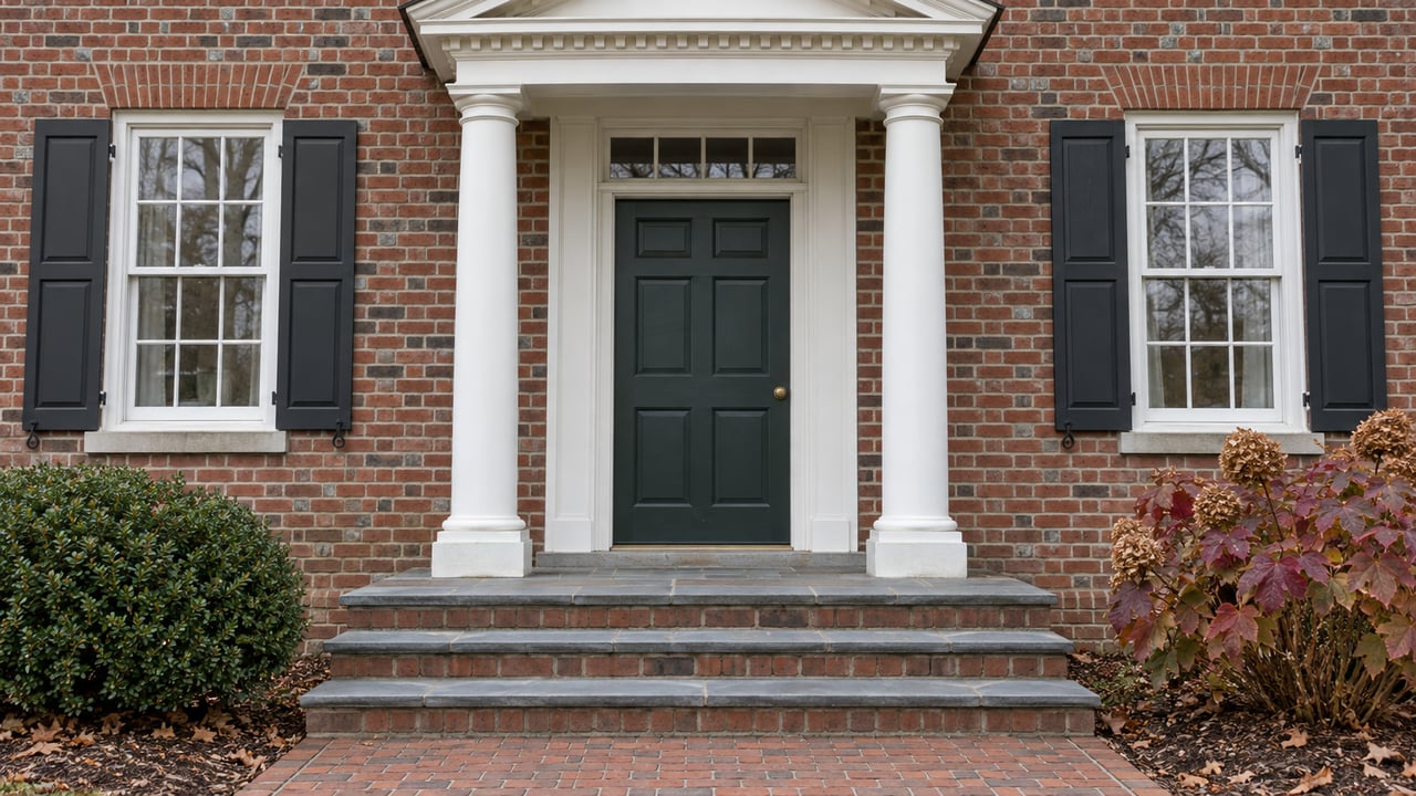Brick house entry with white paired columns, a dark green door, stone steps and autumn-colored oakleaf hydrangea.