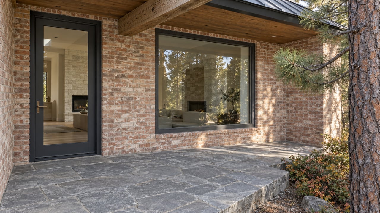 Autumn light on a brick home's sheltered glass entry, weathered timber beam and stone landing beside a mature pine.