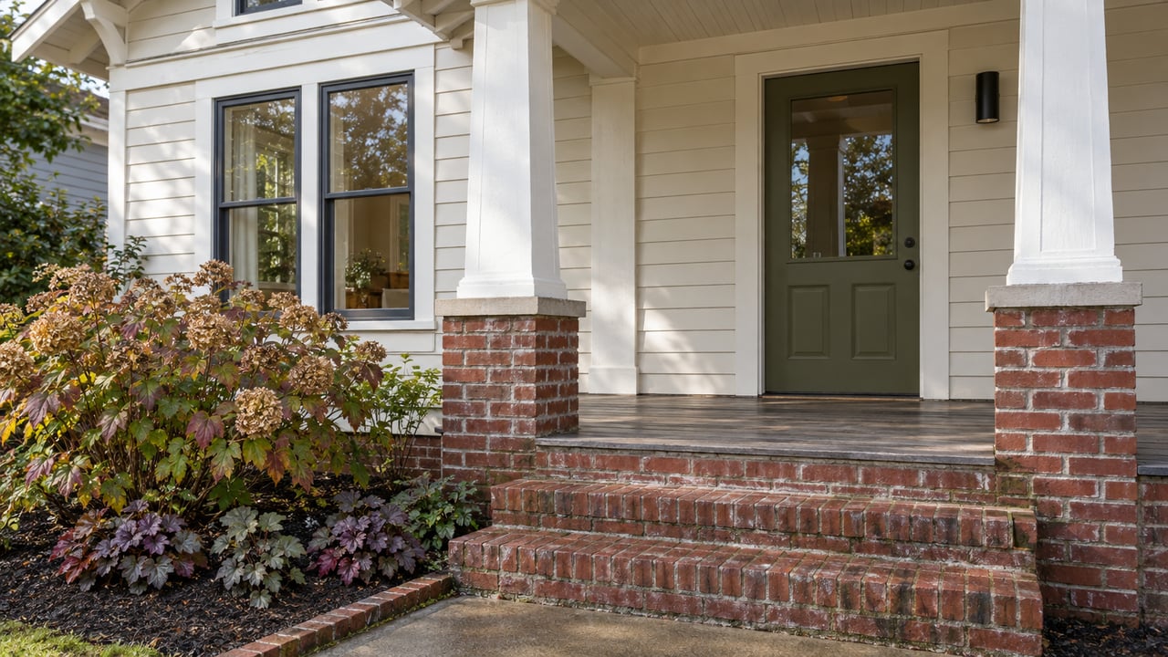 Cream-painted home with a raised wood porch, olive glazed door, worn brick steps and oakleaf hydrangea in autumn color.
