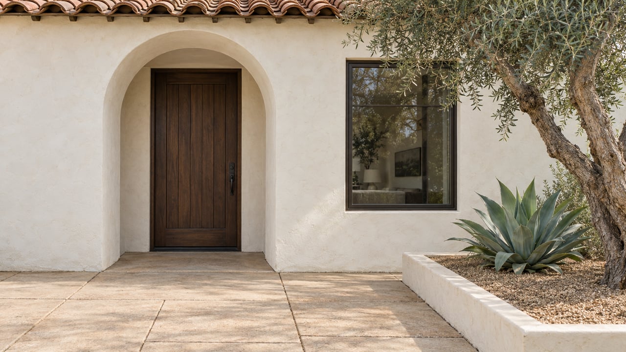 Cream stucco house entry with a dark wood door, barrel-tile eave, and olive tree beside the paving.