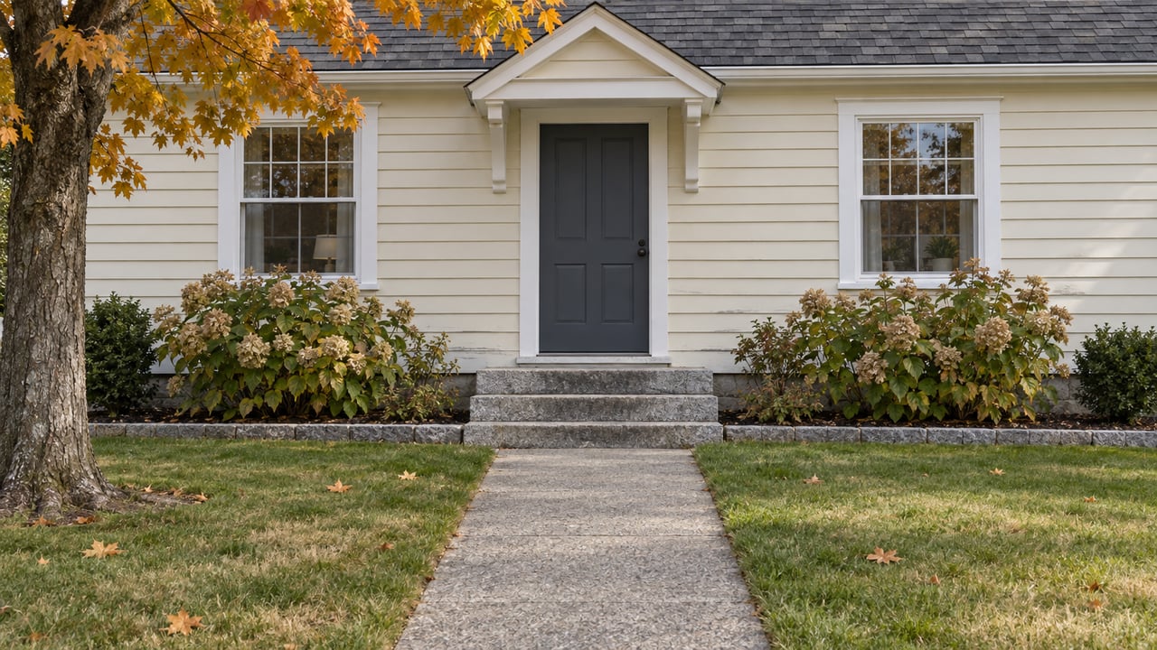 Cream-sided house entrance with dark door, stone steps, and autumn leaves framing the walkway.