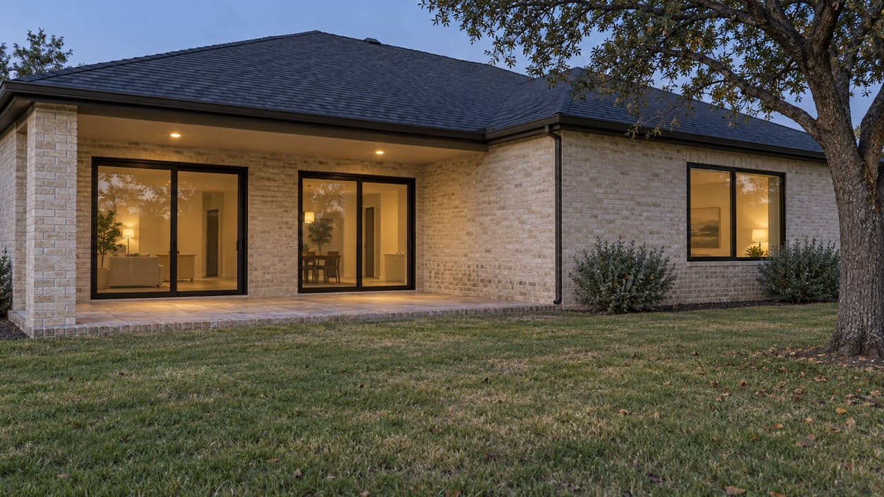 Brick home with a covered patio, glowing glass doors, and two lit downlights beside a broad lawn at dusk.
