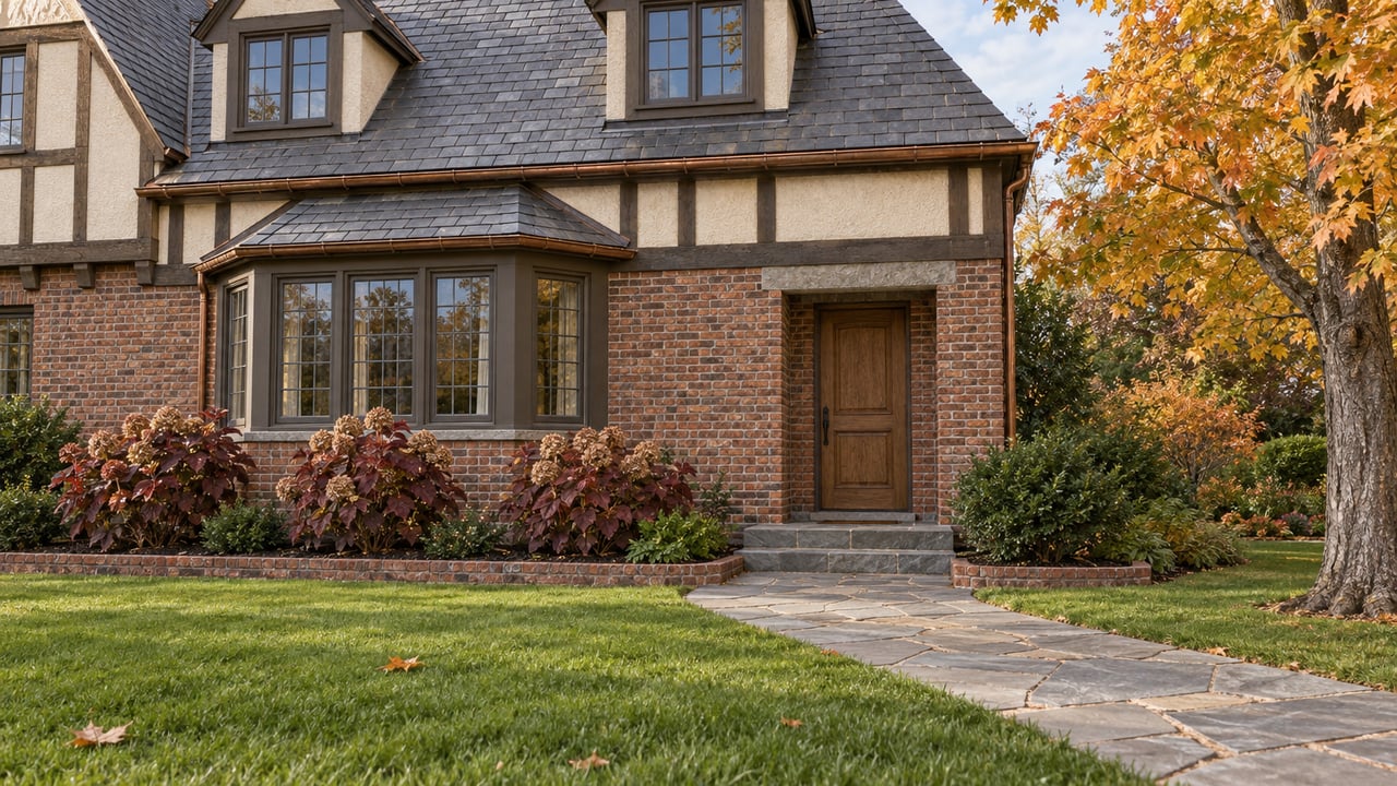 Brick and ivory timbered house with slate dormers, a bluestone front approach and an autumn maple beside a deep lawn.