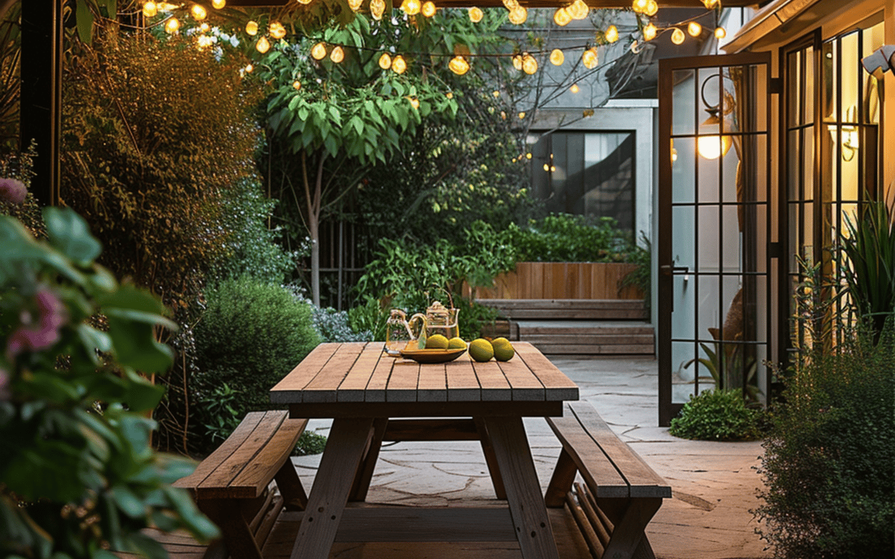 Garden courtyard with a wooden picnic table, lush greenery, and glowing overhead lights.