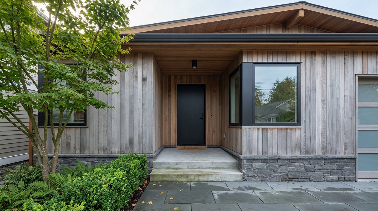 Cedar-clad home entry with black-framed windows, stone base, damp pavers, and a deep wood soffit.