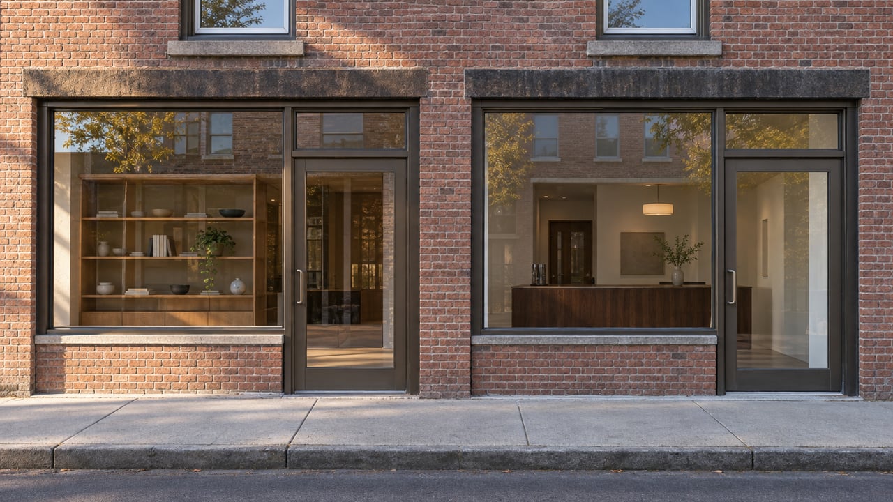 Two narrow shopfronts with glazed doors sit beneath sash windows in a red-brown brick facade.