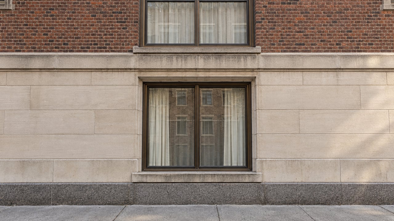 Close upward view of bronze-framed apartment windows set in weathered limestone and red-brown brick.
