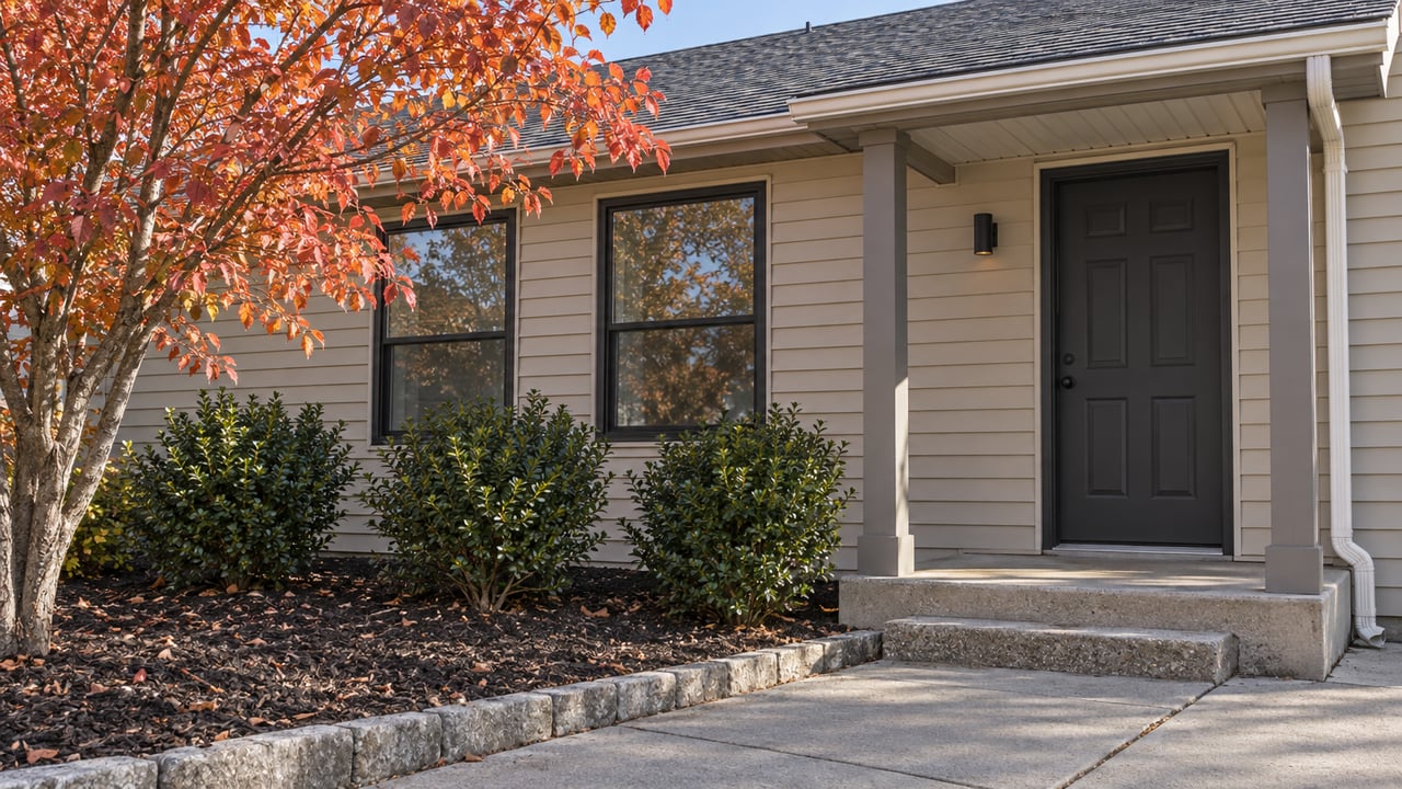 Tan-sided single-story home entrance with dark windows, a concrete stoop and orange-red serviceberry foliage.