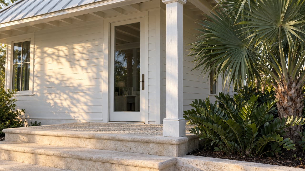 Covered porch corner with a glazed door, limestone steps, and fan palms beside pale siding.
