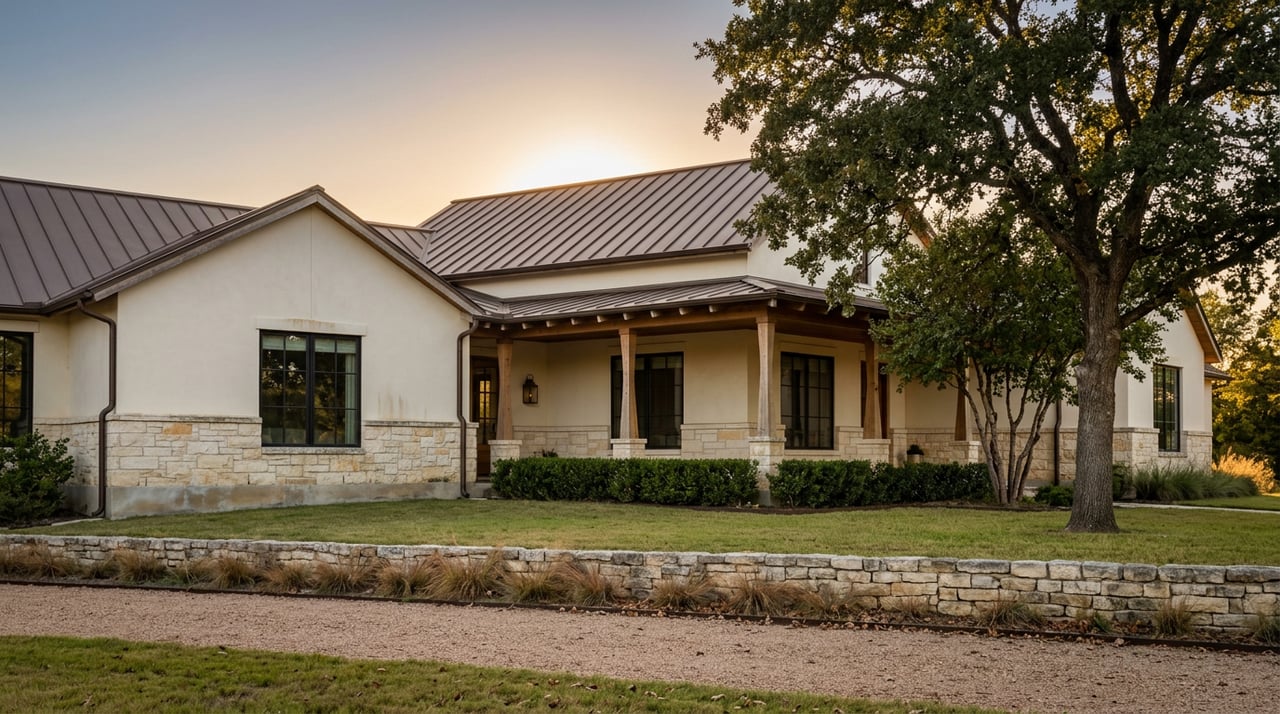 A limestone-and-stucco acreage home with a covered cedar porch, backed by an oak canopy at sunset.