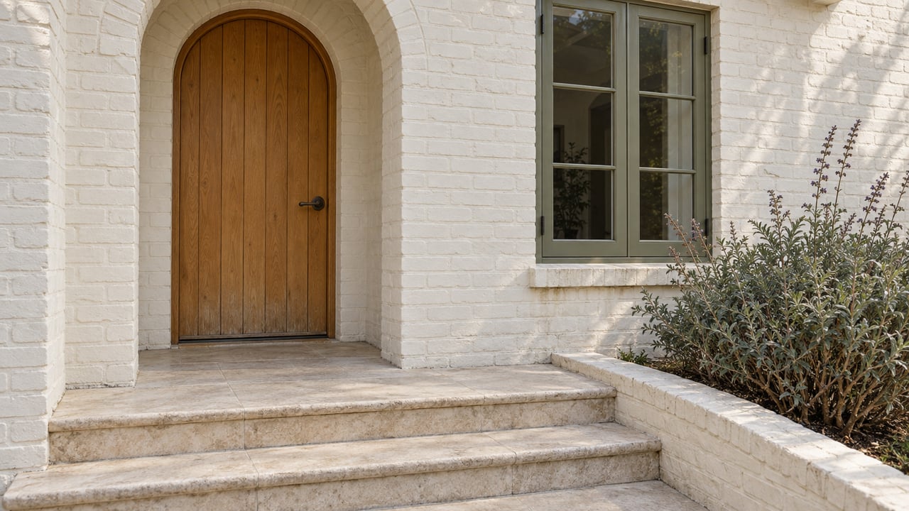 Sunlit painted-brick home entrance with an arched oak door, olive casement window, limestone steps and Cleveland sage.