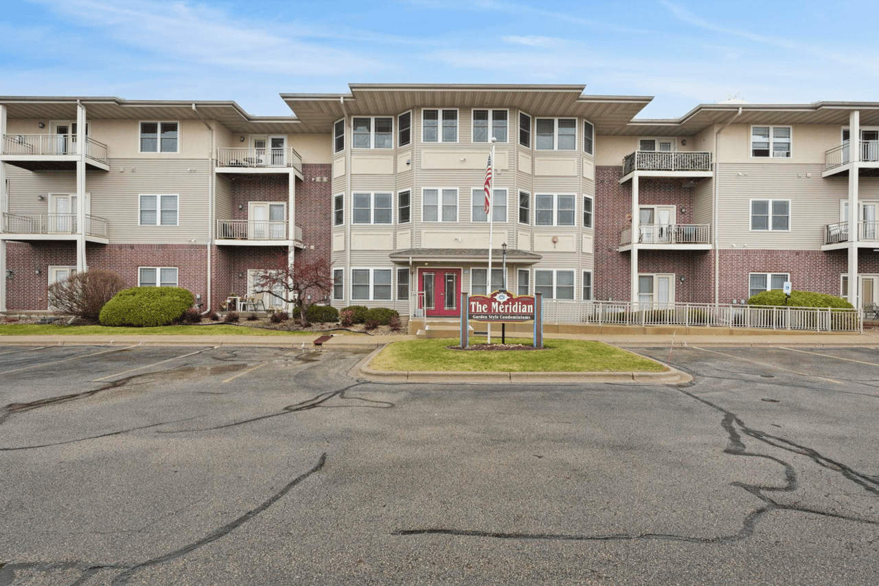 Exterior view of The Meridian Condominiums in Verona, WI, showcasing a great example of accessible, low-maintenance attached housing for buyers looking to enter the market for under $500,000.