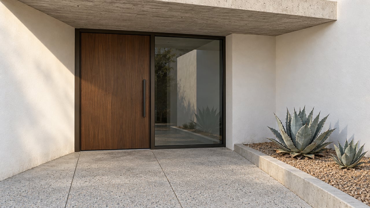 A shaded contemporary entrance with a walnut door, bronze-framed glass, pale concrete paving and two blue-gray agaves in a gravel bed.