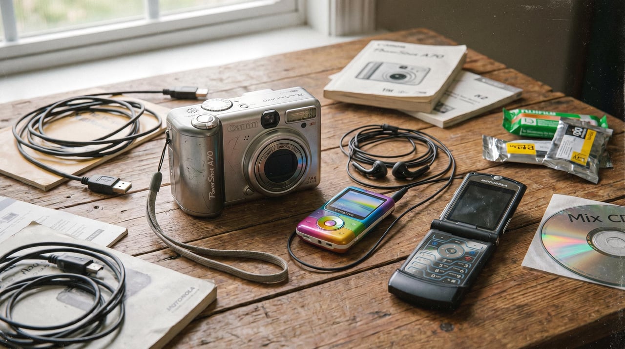 Nostalgic early 2000s technology including a desktop computer, burned CDs, digital camera and flip phone before social media took over.