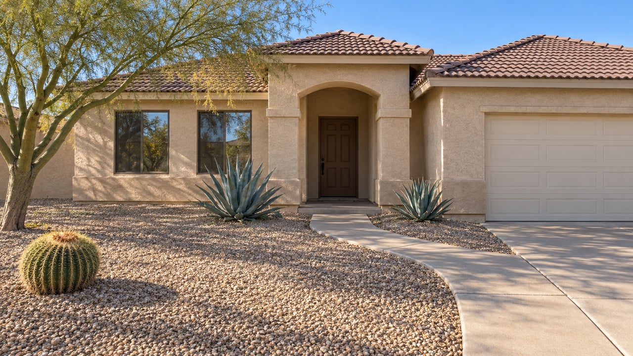 Sunlit beige stucco home with a tile roof, arched entry, deep gravel front yard, blue palo verde tree, agaves, and a barrel cactus.