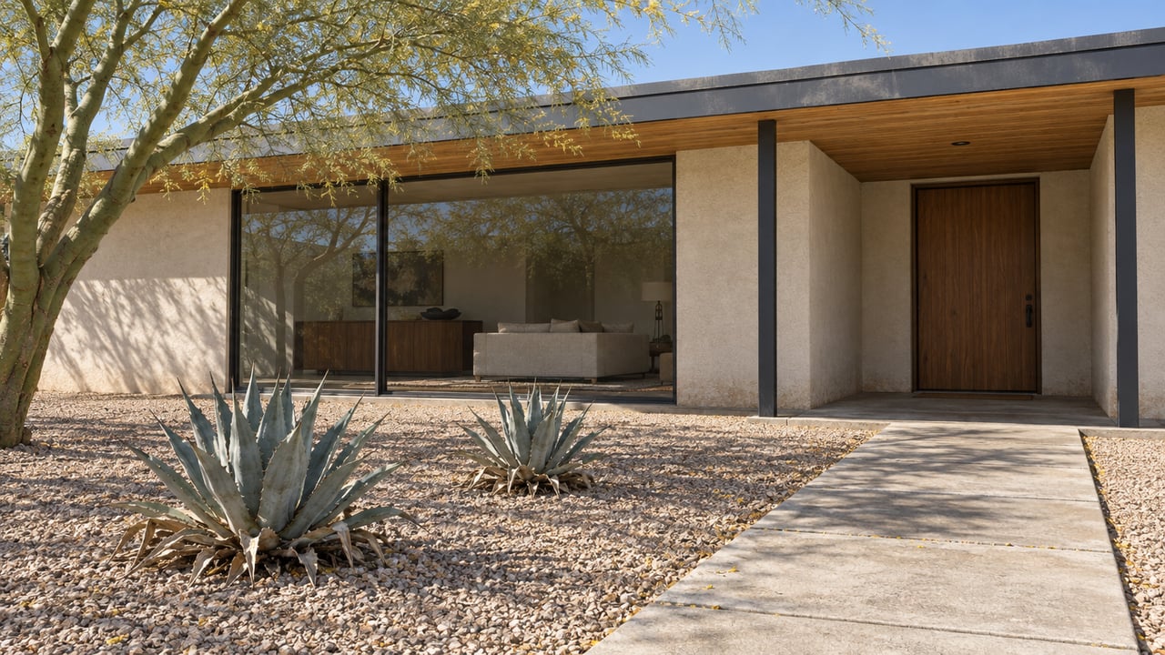 Low modern home with a shaded wood soffit, broad glass windows, and a concrete approach through a gravel garden with a green-trunked tree and two agaves.