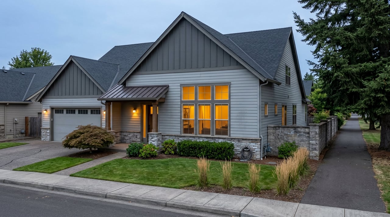 Two-story craftsman home with a glowing grid of windows, Japanese maple, and a paved path beside a low stone wall.