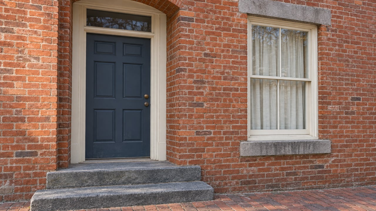 A blue-gray paneled door and cream-trimmed sash window in aged red brick, above worn bluestone steps.