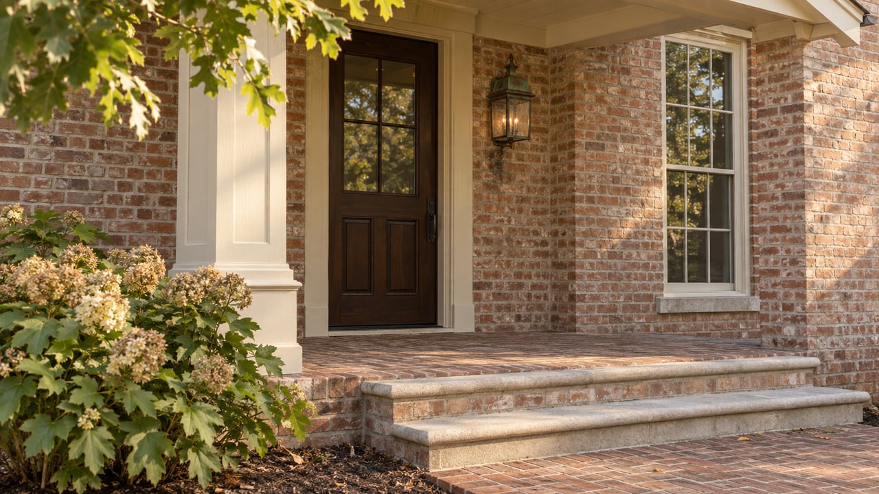 Brick house entry with a recessed walnut door, copper lantern, limestone steps, and oak leaves in warm sunlight.