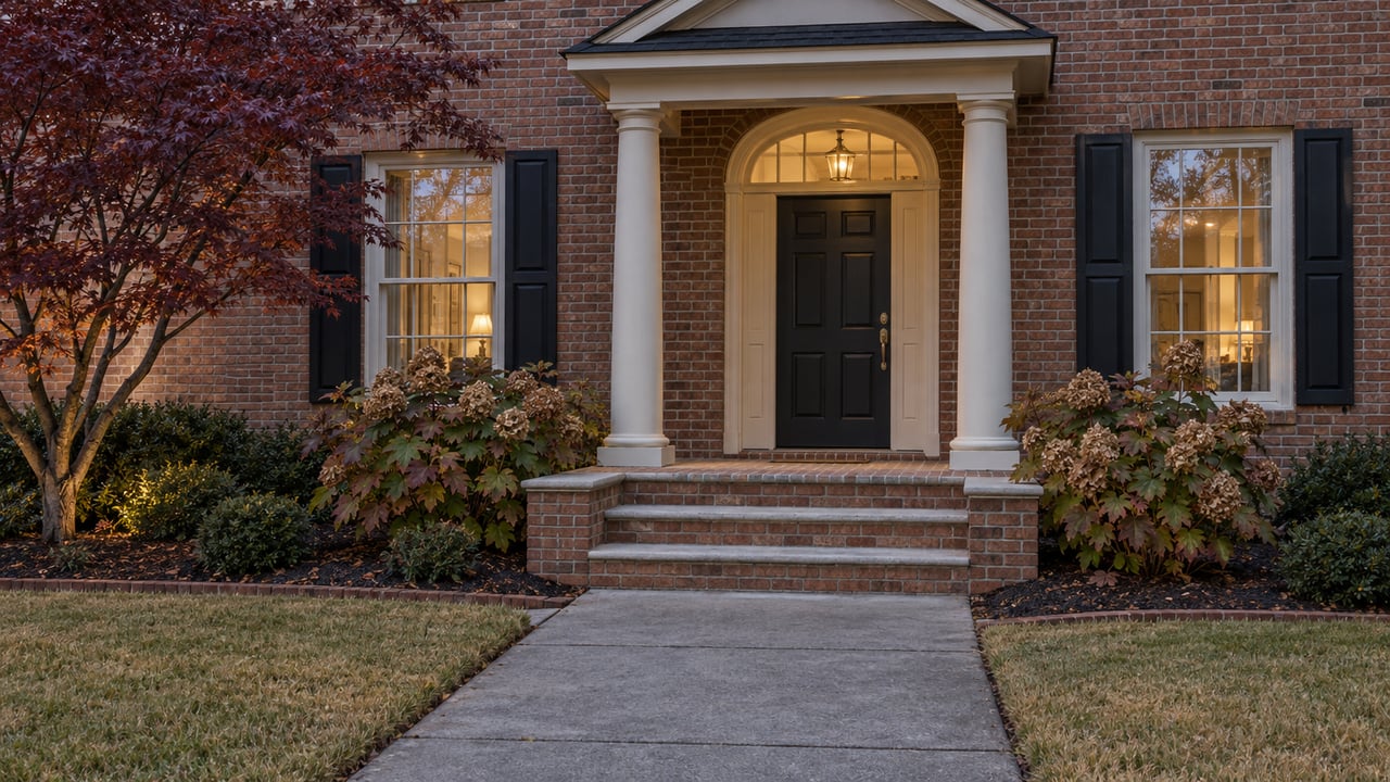 Brick home entry at dusk with cream columns, glowing closed windows, broad brick steps, and autumn oakleaf hydrangeas.