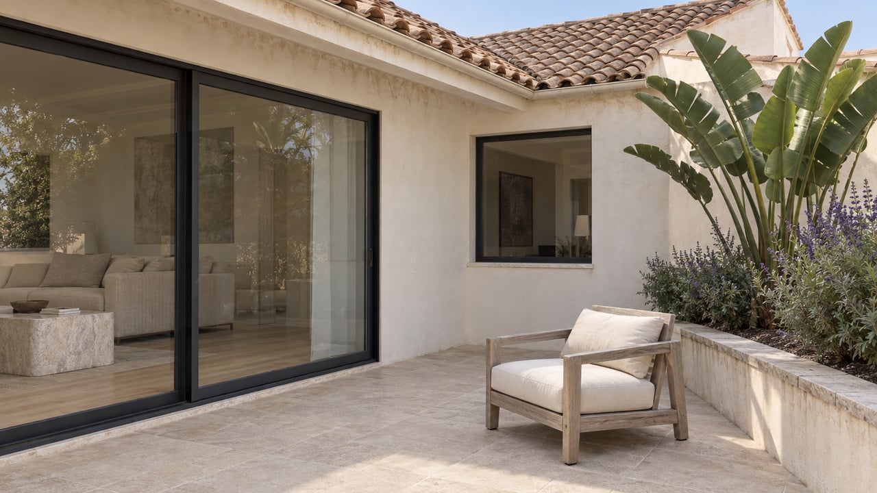 Cream stucco home with clay roof tiles, closed terrace glazing, weathered teak chair and a raised sculptural planting bed.
