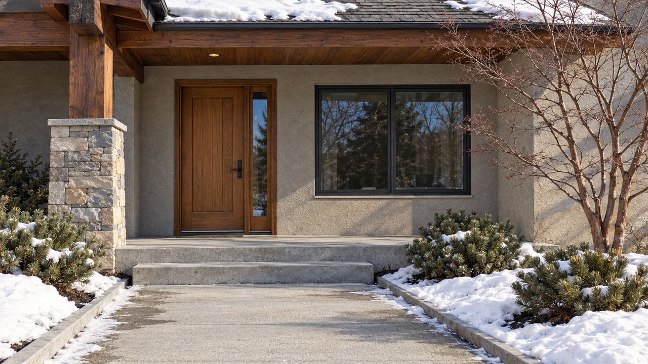 Snow rests on a pitched roof above a stone and stucco home entry, with a cleared concrete approach and low evergreen planting.