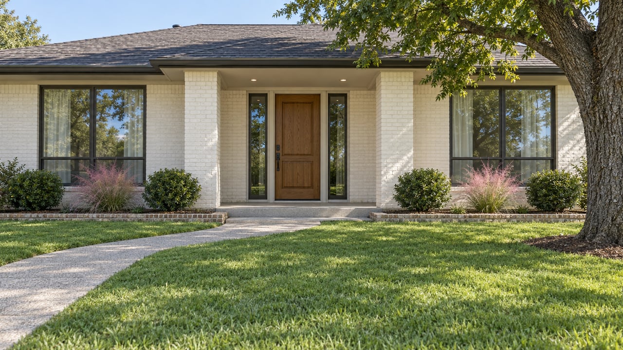 White-brick home with a wooden front door, broad windows, and a shaded lawn.
