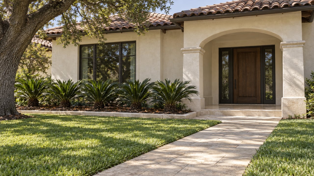 Ivory stucco home with a brown tile roof, arched entry, bronze-framed glazing and a paver walk through a green lawn.