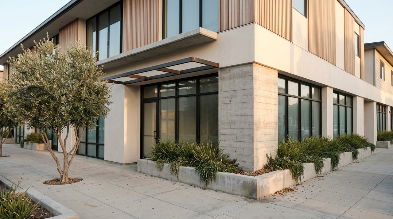 Two-story storefront corner with black-framed glazing, a sidewalk olive tree, and a projecting balcony.