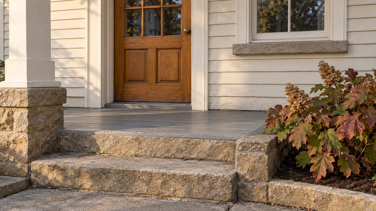Sunlight crosses a modest cream-clapboard porch with an oak door, worn sandstone steps and copper-colored oakleaf hydrangea.