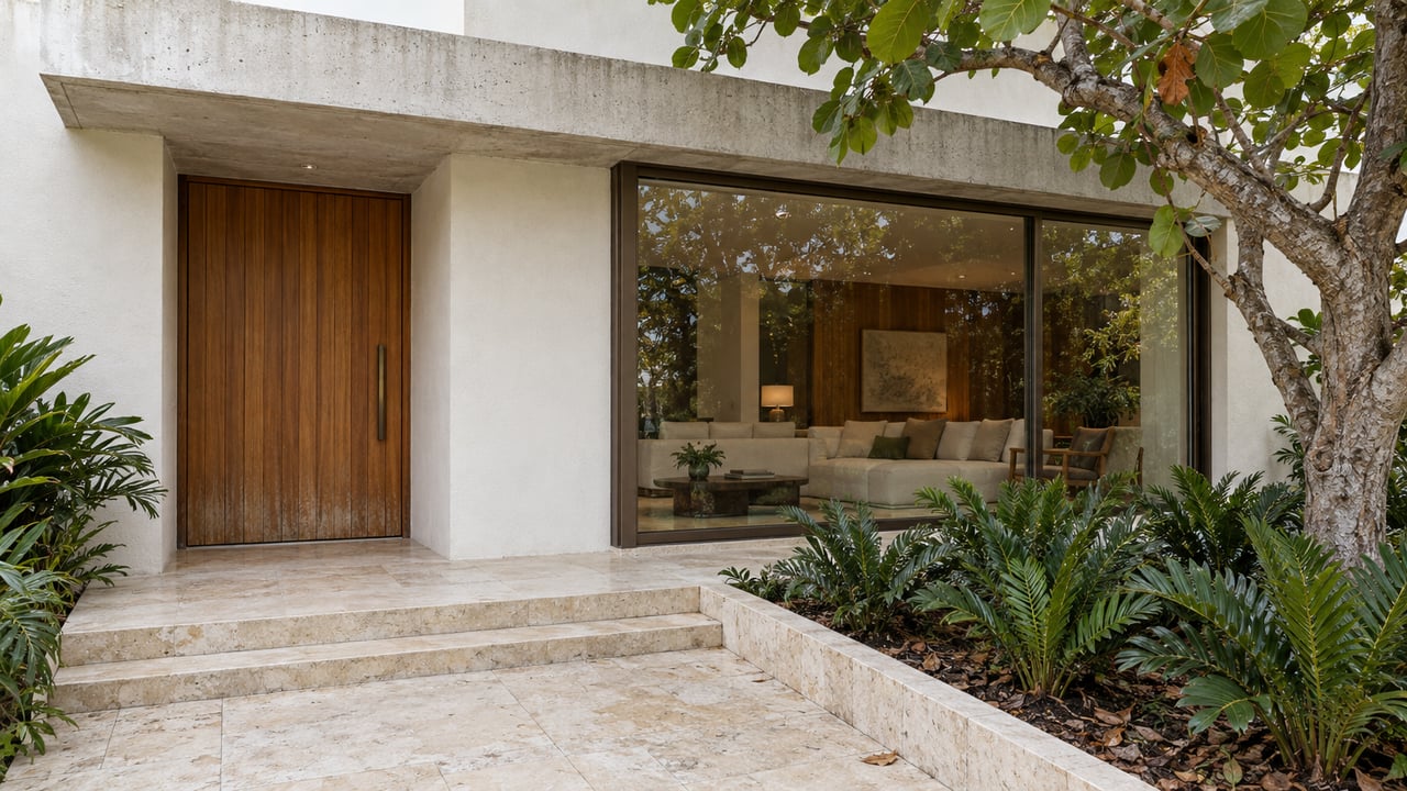 Modern white stucco residence with a recessed teak entry, bronze-framed living-room window and limestone approach beside sea grape and coontie planting.