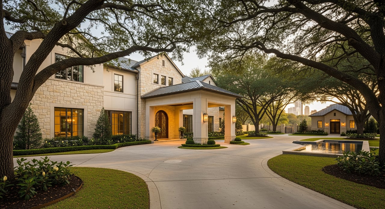 Stone-and-stucco hotel entrance beneath sprawling oak branches, with a curved driveway and reflecting pool.